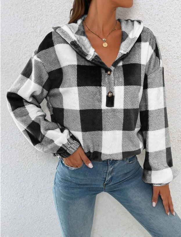 Damen Gemusterte Karo-Hoodie-Bluse ModeGeist