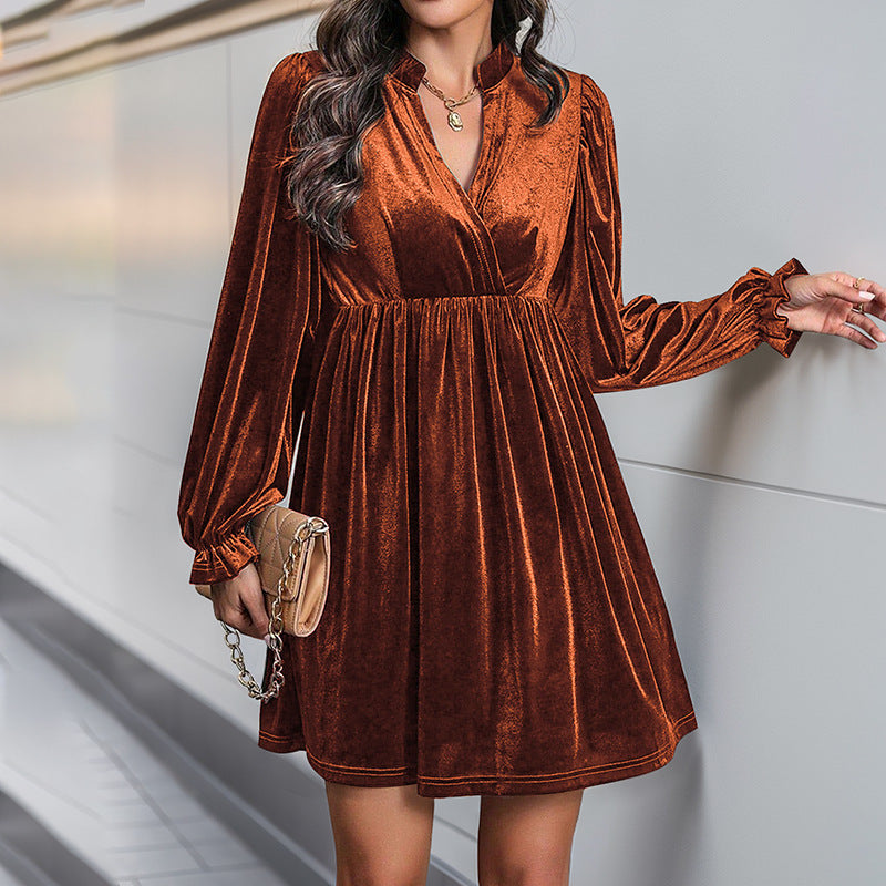 Damen elegantes Samtkleid mit tiefem V-Ausschnitt und Puffärmeln ModeGeist