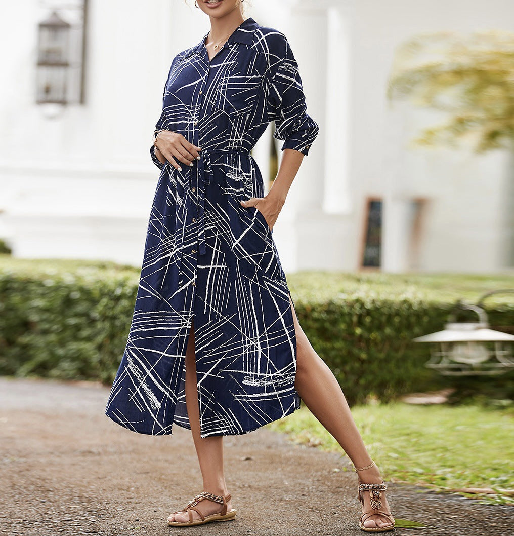 Modisches Damen-Hemdkleid mit langen Ärmeln und Seitenschlitzen