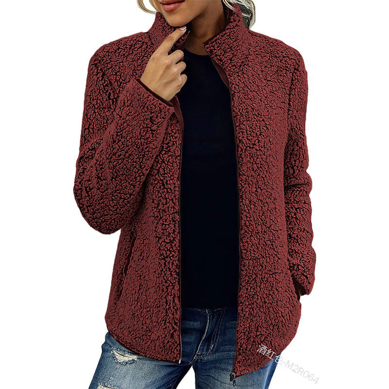 Damen flauschige Fleecejacke mit hohem Kragen und seitlichen Taschen ModeGeist