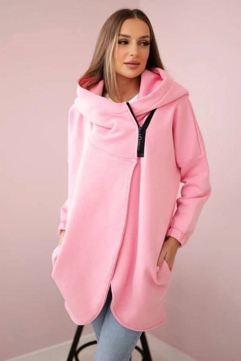 ModeGeist | Asymmetrische Reißverschluss Kapuzenfleece Sweatjacke