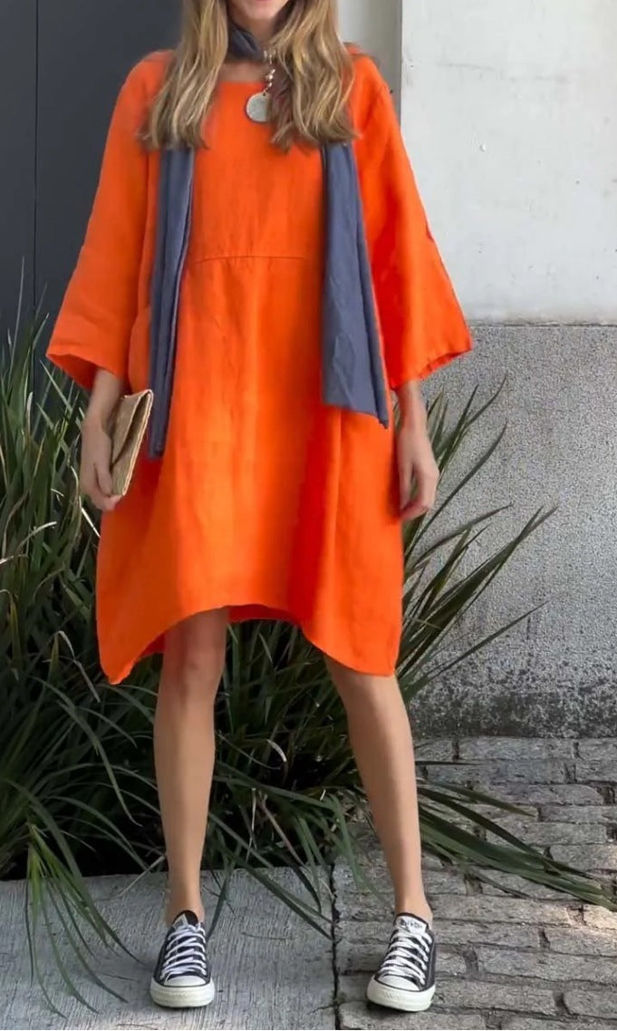 Damen lässiges Leinenkleid mit praktischen Taschen und asymmetrischem Saum ModeGeist