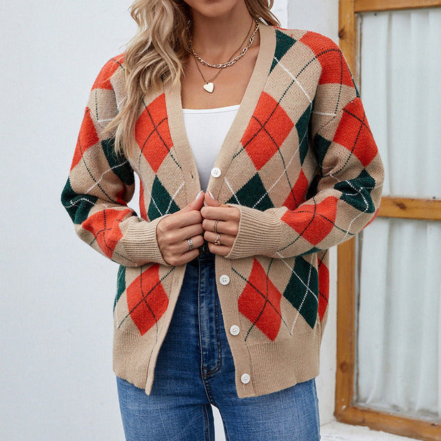ModeGeist | Farbenfrohe Rautenmusterd Cardigan Polyester Lebhaft, Zeitlos
