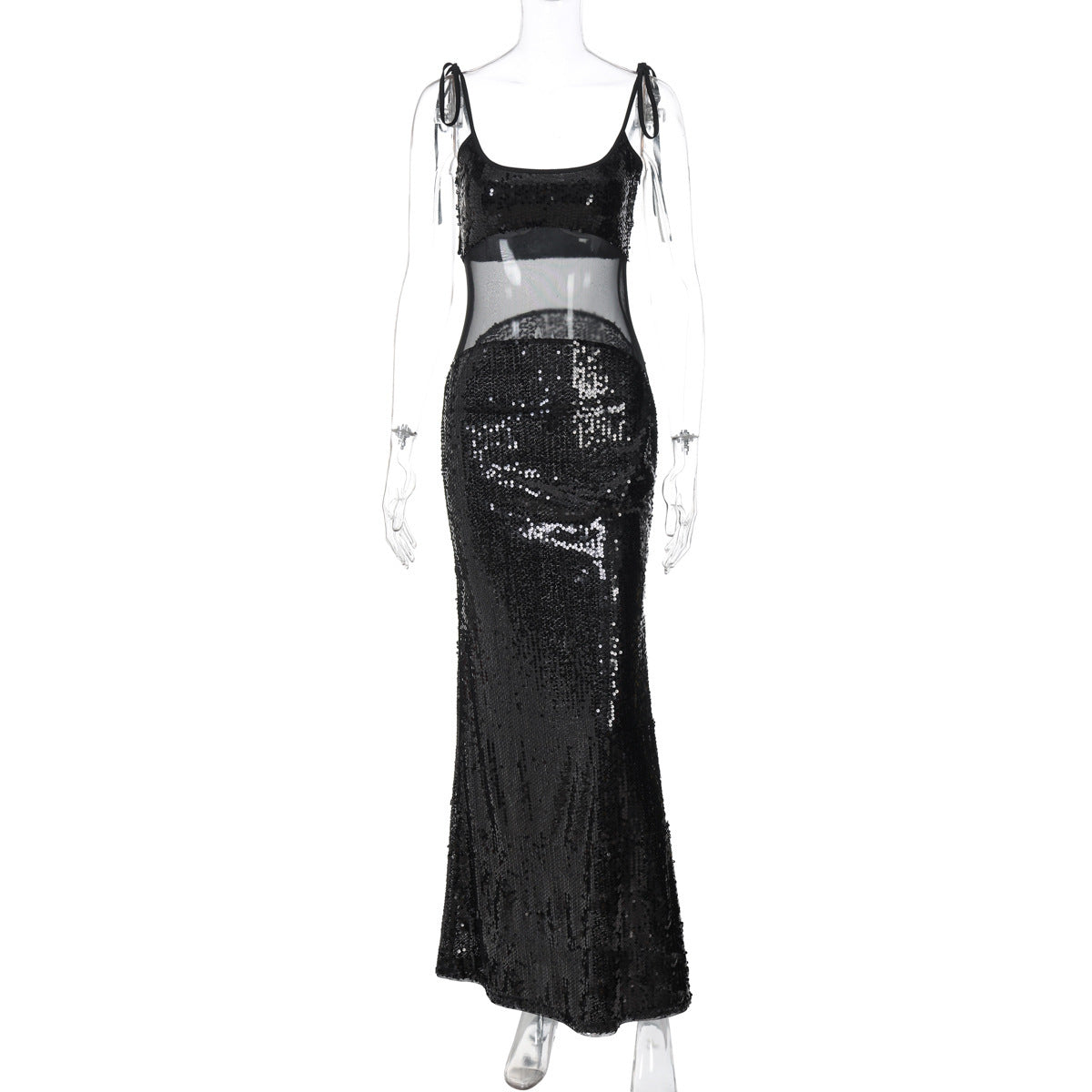 Elegantes Abendkleid für Damen mit Glitzer, transparenten Einsätzen und figurbetonter Silhouette von MODEGEIST