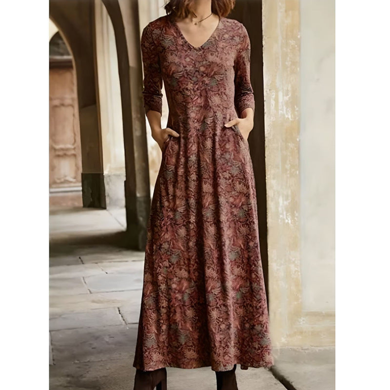 Damen Maxikleid mit dekorativen Mustern und praktischen Taschen ModeGeist