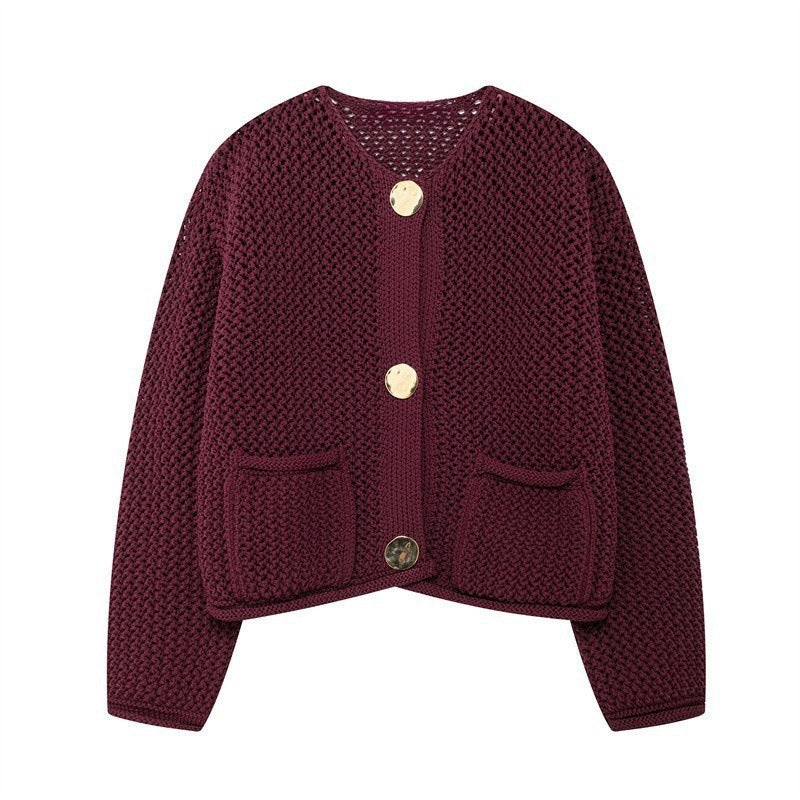 Damen luftige Strickjacke mit durchbrochenem Muster und praktischen Taschen ModeGeist