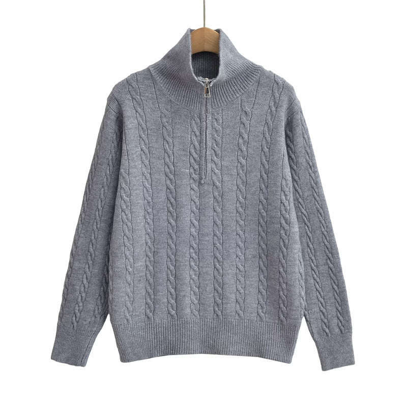 Damen Strickpullover mit kurzem Reißverschluss und Zopfmuster ModeGeist - ModeGeist