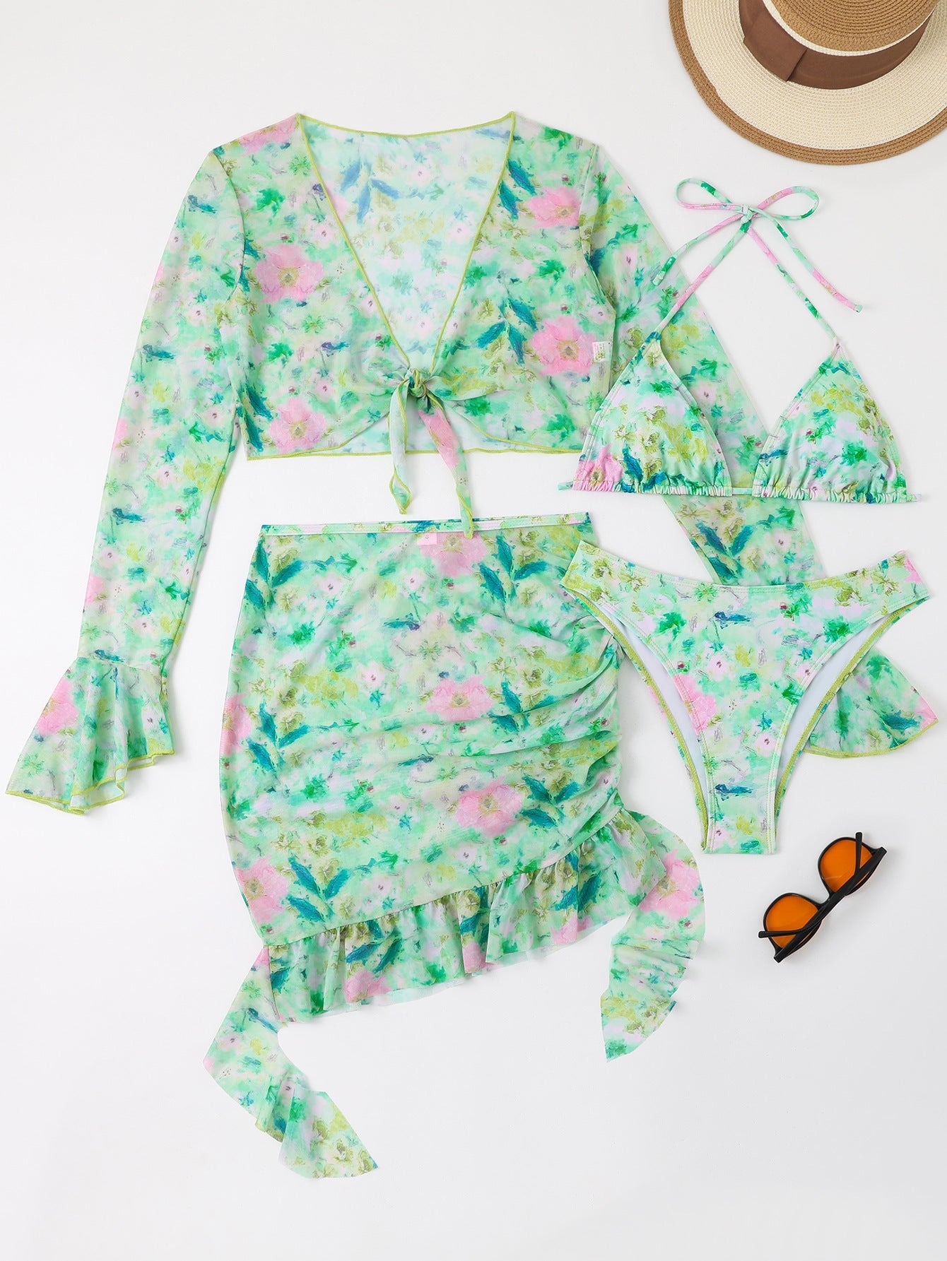 Blumen-Wickelrock-Set mit Rüschen und Damen-Cropped-Top, modisch von MODEGEIST