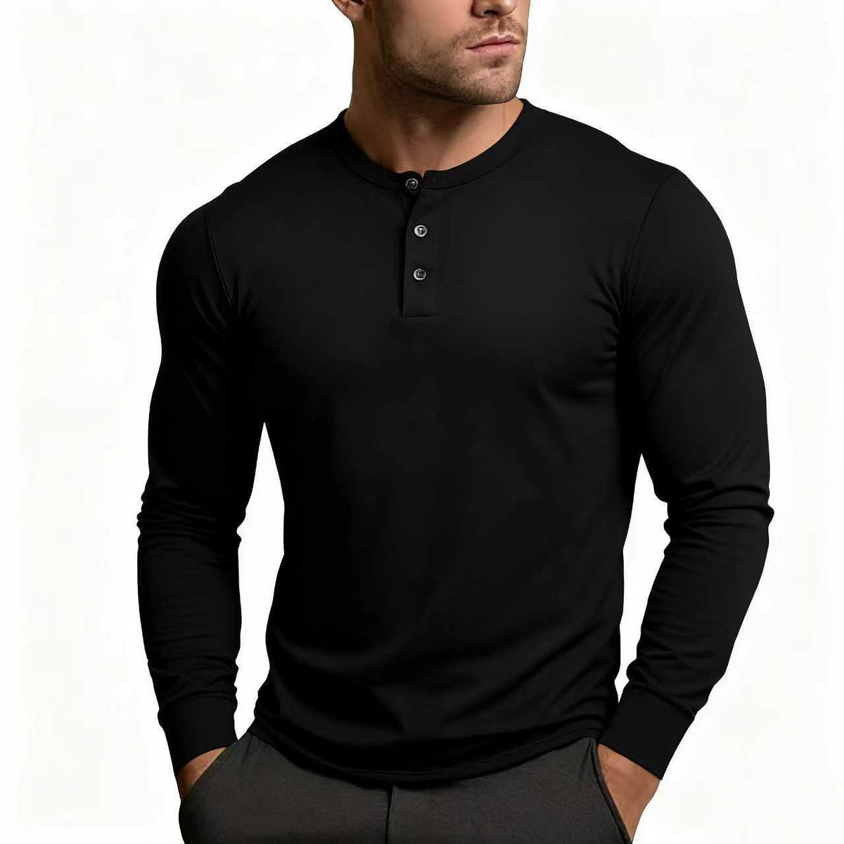 Herren Langarm-Henley-Shirt mit klassischem Knopfdetail und körpernaher Passform ModeGeist