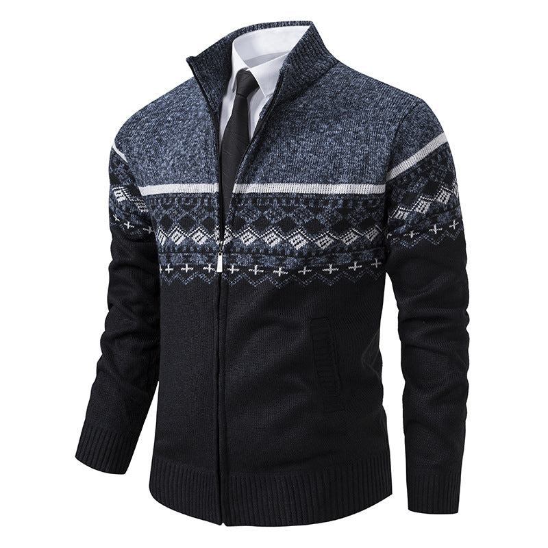 Herren Strickjacke mit Stehkragen und Norweger-Muster ModeGeist