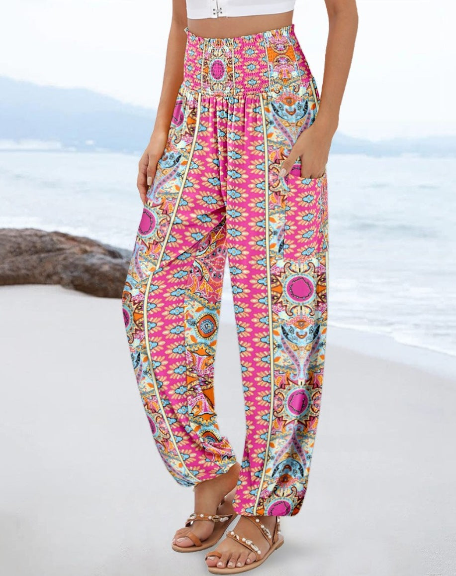 Elegante, bequeme Damen-Strandhose mit elastischem Bund und Paisley-Muster von MODEGEIST