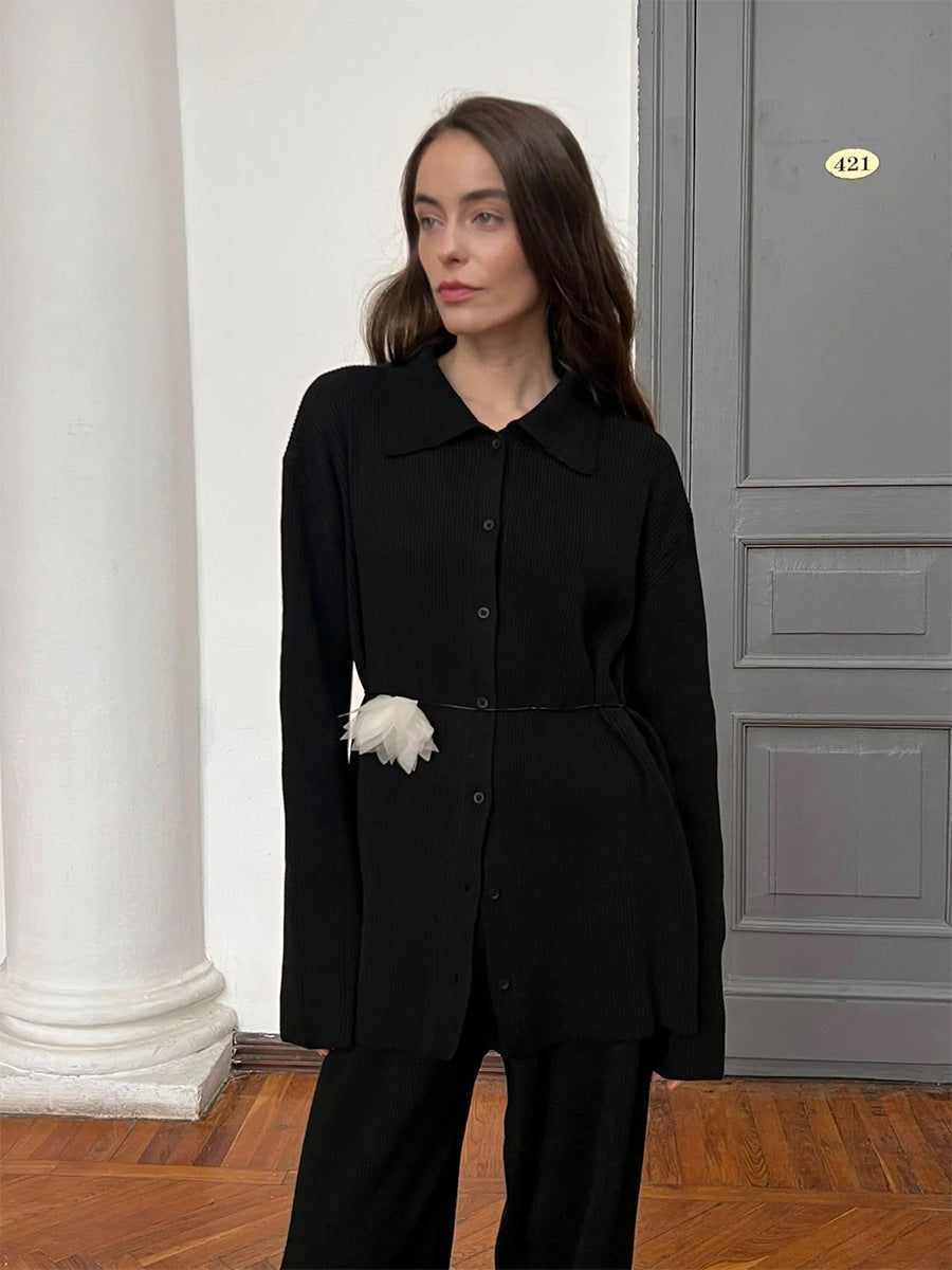ModeGeist | Einreihige Gerippte Strickjacke und Lockere Hosen Satz
