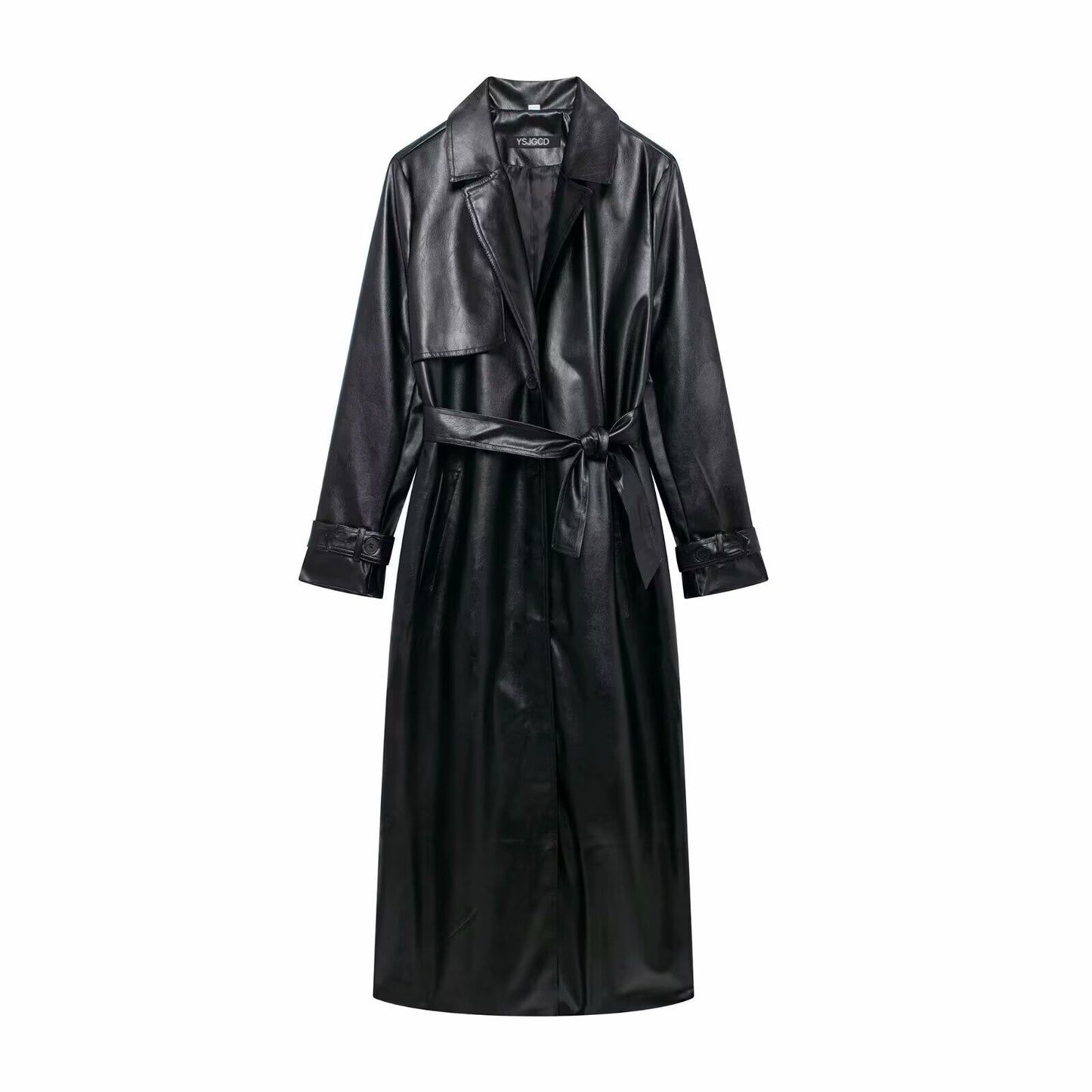 Damen Kunstleder-Trenchcoat mit elegantem Schnitt und taillierbarem Gürtel ModeGeist