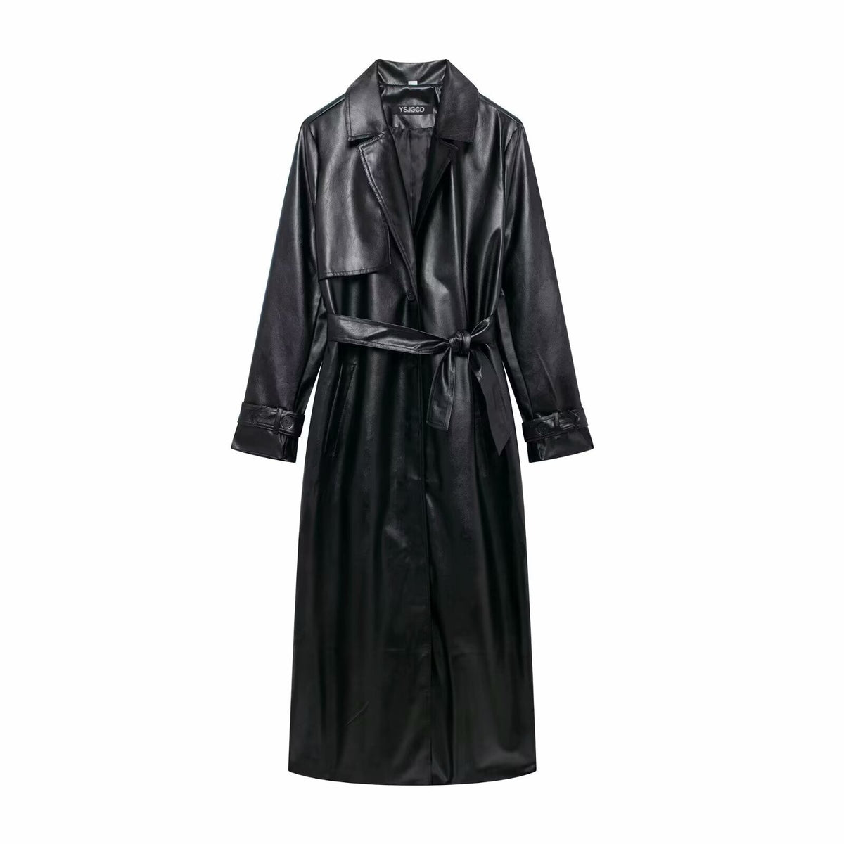 Damen Kunstleder-Trenchcoat mit elegantem Schnitt und taillierbarem Gürtel ModeGeist