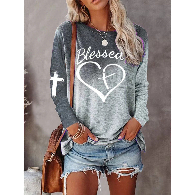ModeGeist | Langarmshirt Lockere Passform Baumwollmischung Grafische Vorderseite Freizeitstil