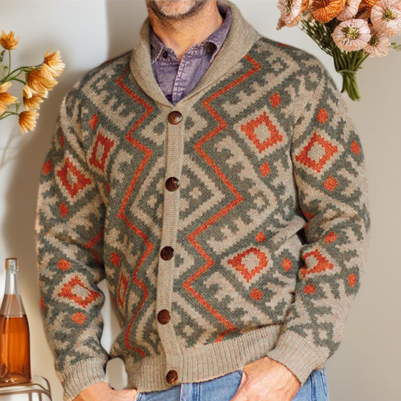 Herren Strickjacke mit traditionellem geometrischen Muster und warmem Schalkragen ModeGeist