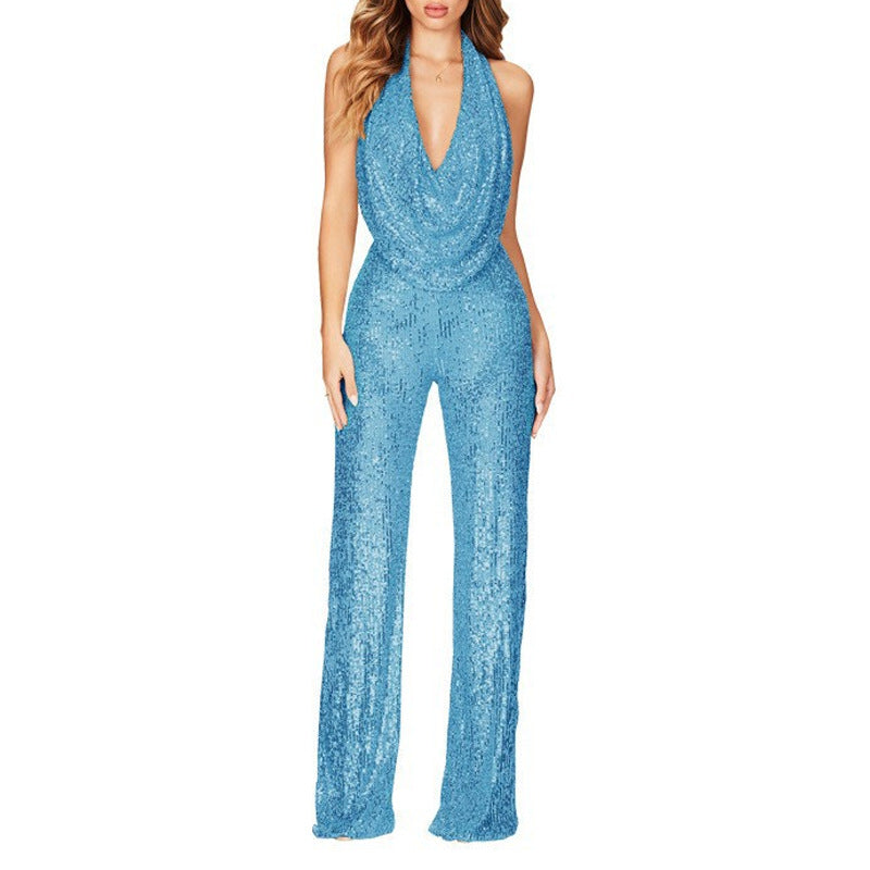 Damen Glitzerndes Jumpsuit mit tiefem V-Ausschnitt und weitem Bein ModeGeist