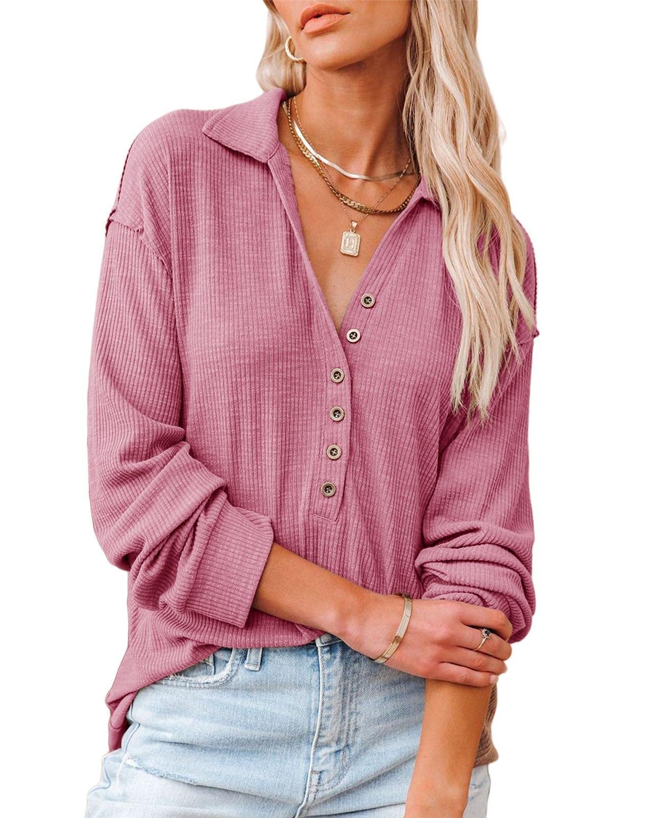 Damen lässiges Langarmhemd mit Knopfleiste und strukturiertem Muster ModeGeist