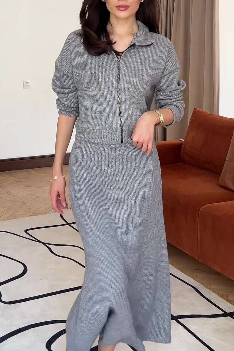 ModeGeist | Strickkragen Reißverschluss Top und Maxiröcke Zweiteiler Satz