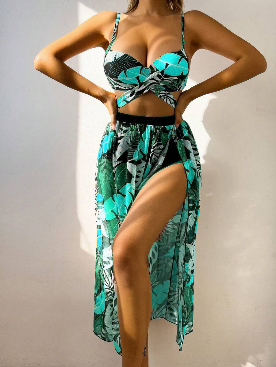 Tropischer Print Badeanzug Zweiteiler für Damen mit transparentem Cover-Up von MODEGEIST