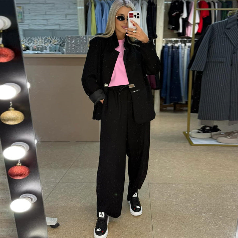Damen lässige Sweater-Blazer-Kombination mit weit geschnittenen Hosen ModeGeist