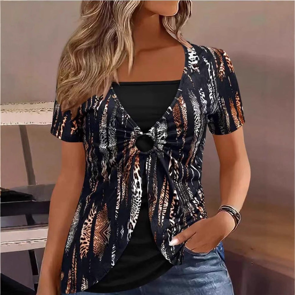 Damen lässiges Oberteil mit modischem Knotendetail und animalischem Print ModeGeist