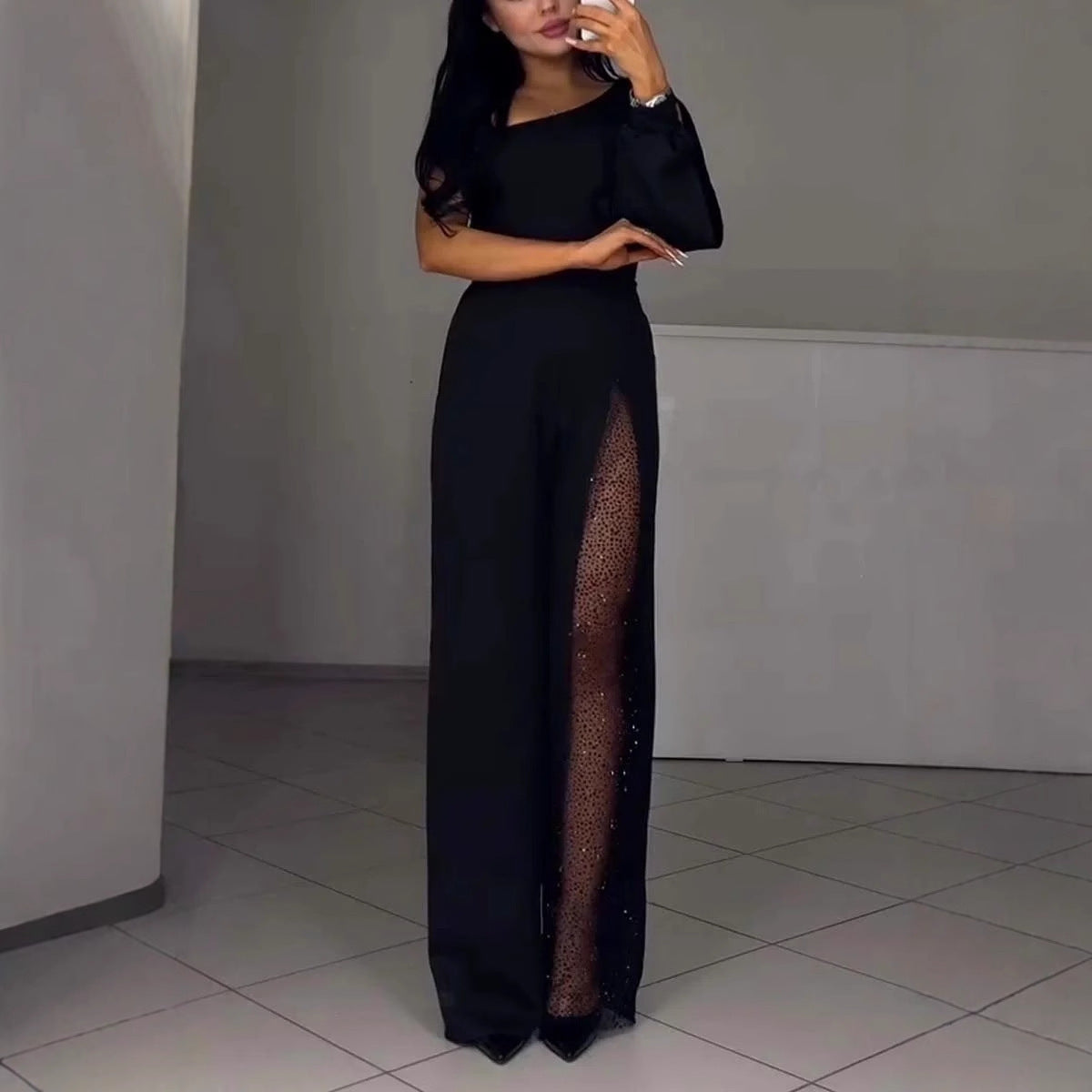 Asymmetrischer einseitiger Damen-Jumpsuit mit Paillettenpanel ModeGeist