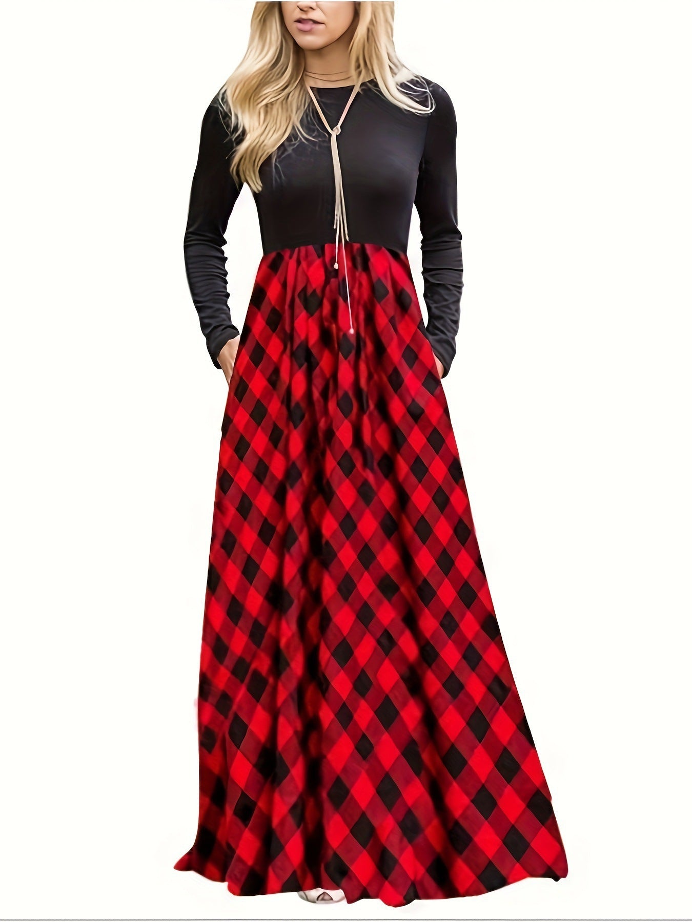 Damen Maxikleid mit modernem Karomuster und langen Ärmeln ModeGeist