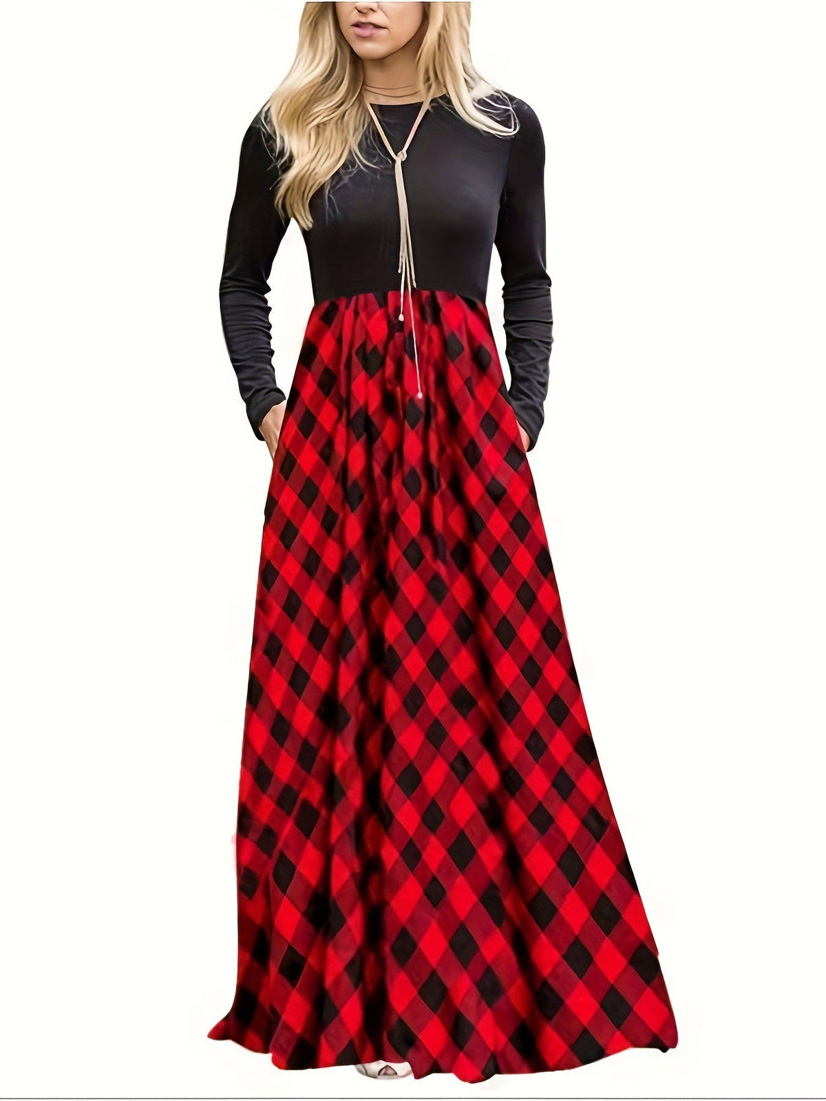 Damen Maxikleid mit modernem Karomuster und langen Ärmeln ModeGeist