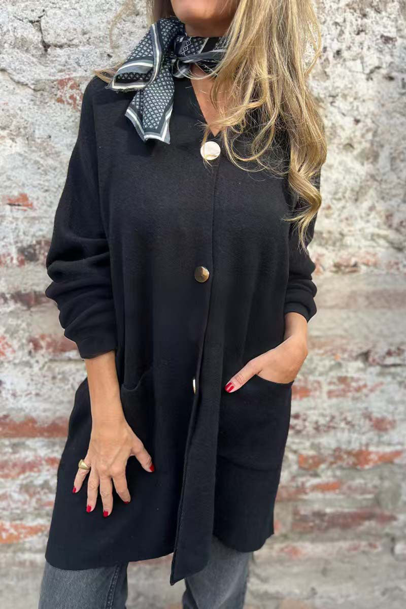 ModeGeist | Lange Unifarbene Einreihige V-Ausschnitt Strickjacke Jacke