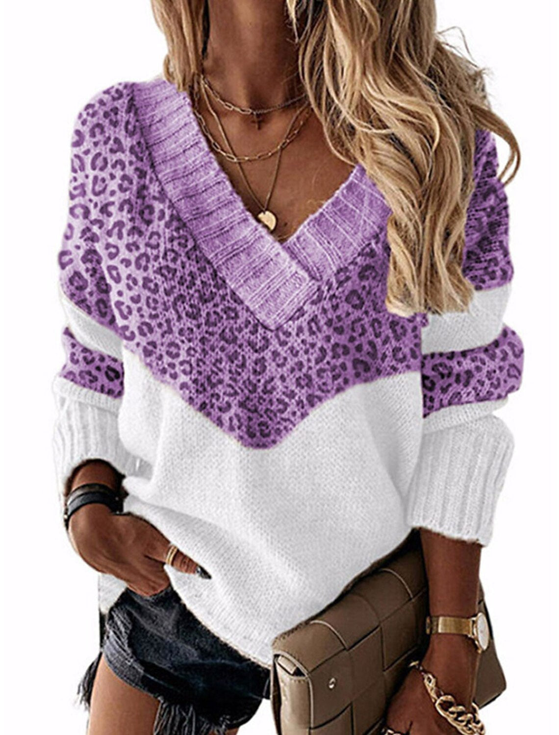 Damen modischer V-Ausschnitt Pullover mit Leopardenmuster ModeGeist