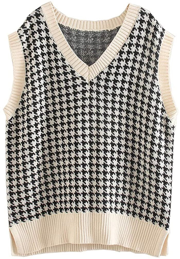 Damen ärmellose Strickweste mit modernem Hahnentrittmuster ModeGeist