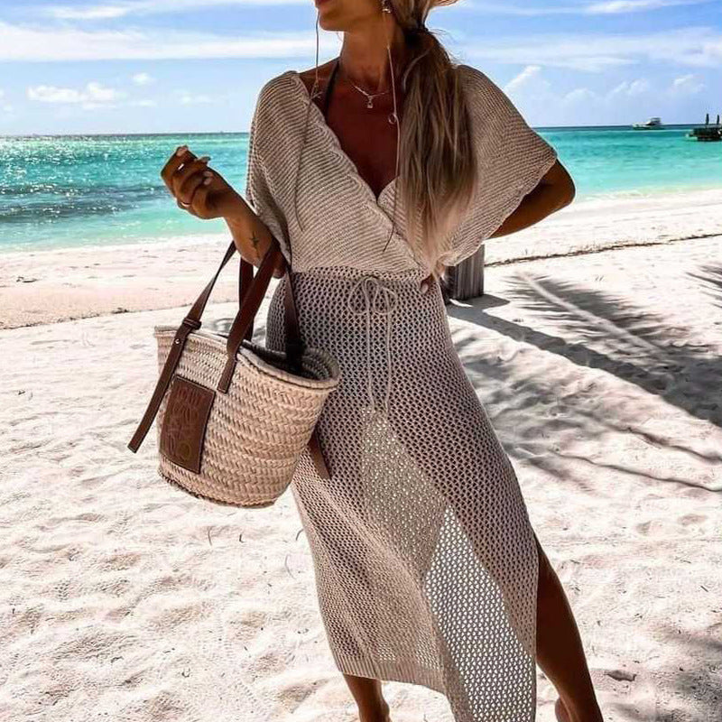 Leichtes Damen-Strandkleid aus Netzstoff, tiefer Schlitz, lockerer Schnitt - MODEGEIST