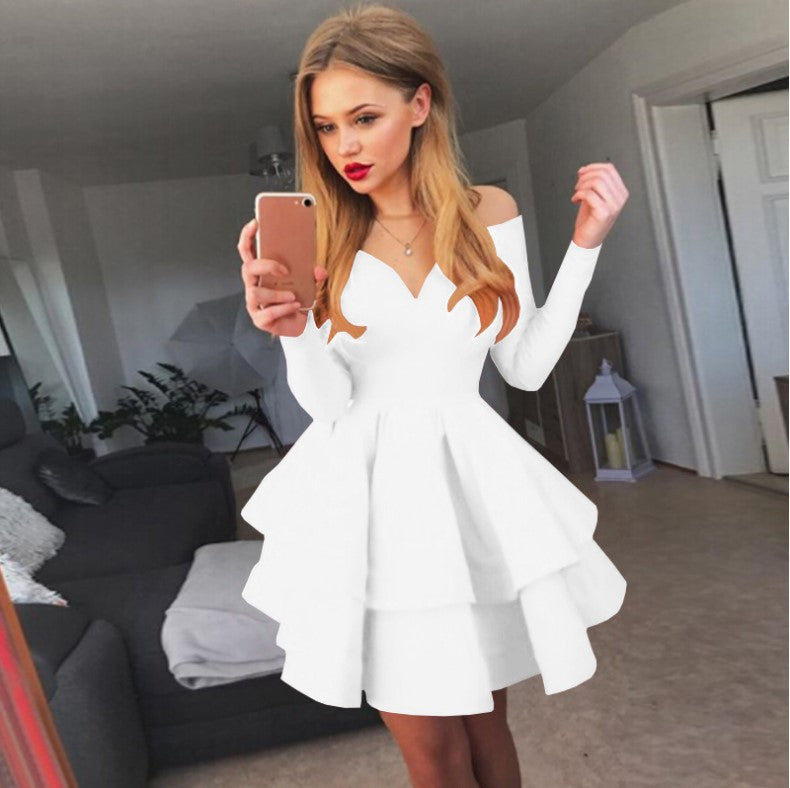 Damen Verspieltes schulterfreies Cocktailkleid mit Volants und tiefem V-Ausschnitt ModeGeist