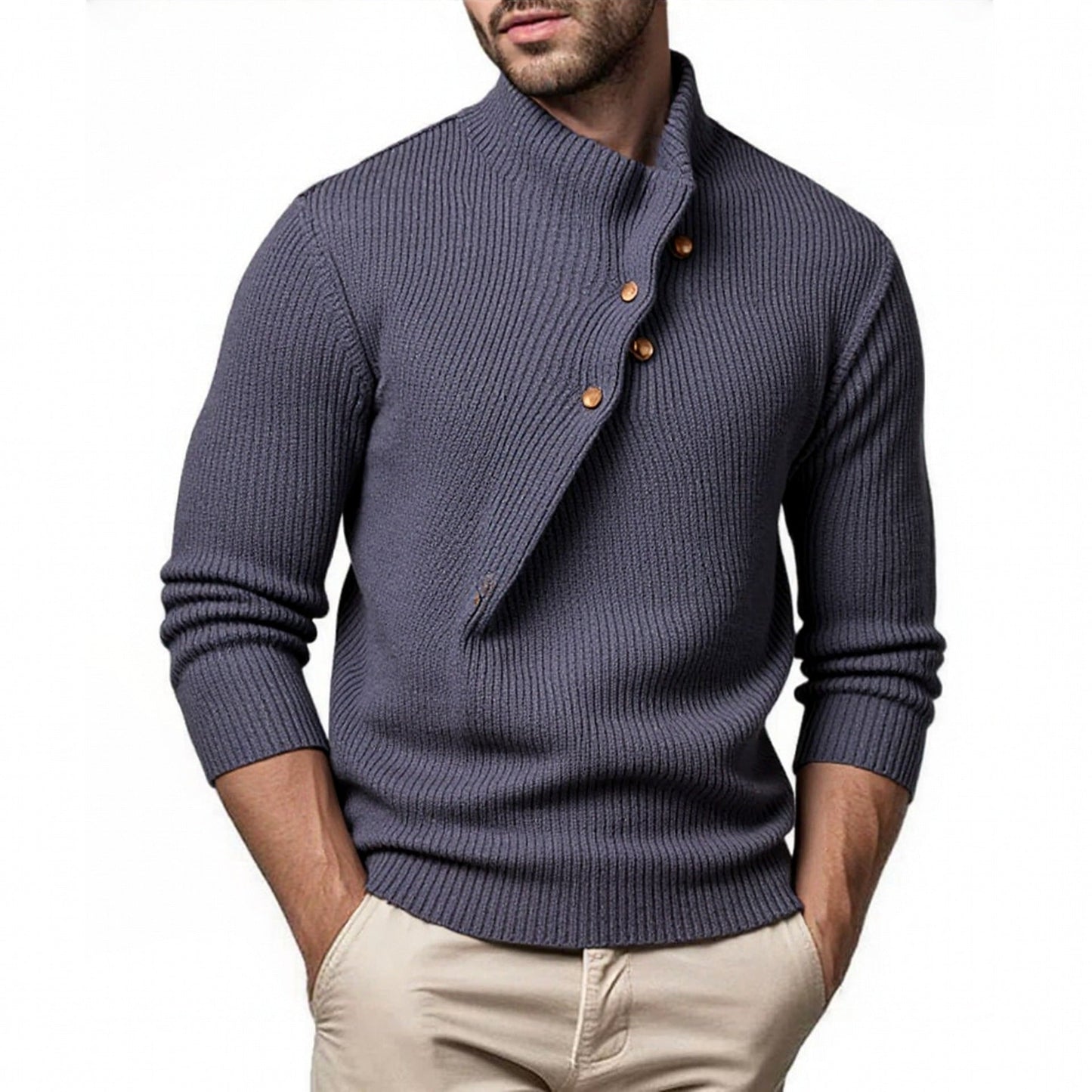 Herren modischer Strickpullover mit Stehkragen und asymmetrischer Knopfleiste ModeGeist