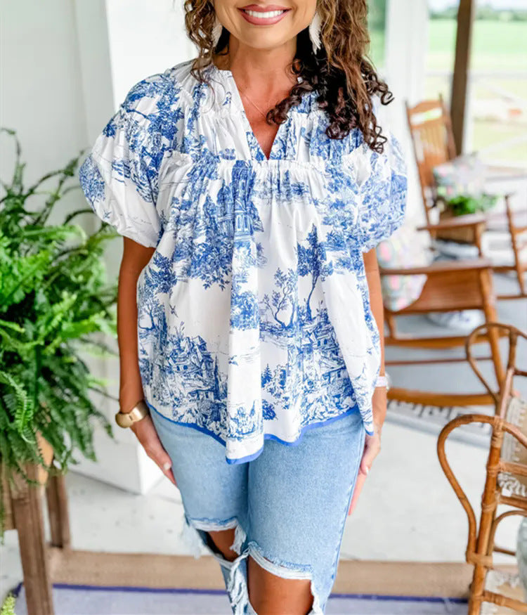 Modische Damen Vintage Baumwollbluse mit grafischem Druck