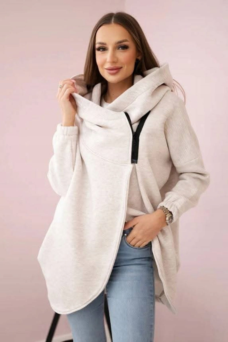 ModeGeist | Asymmetrische Reißverschluss Kapuzenfleece Sweatjacke