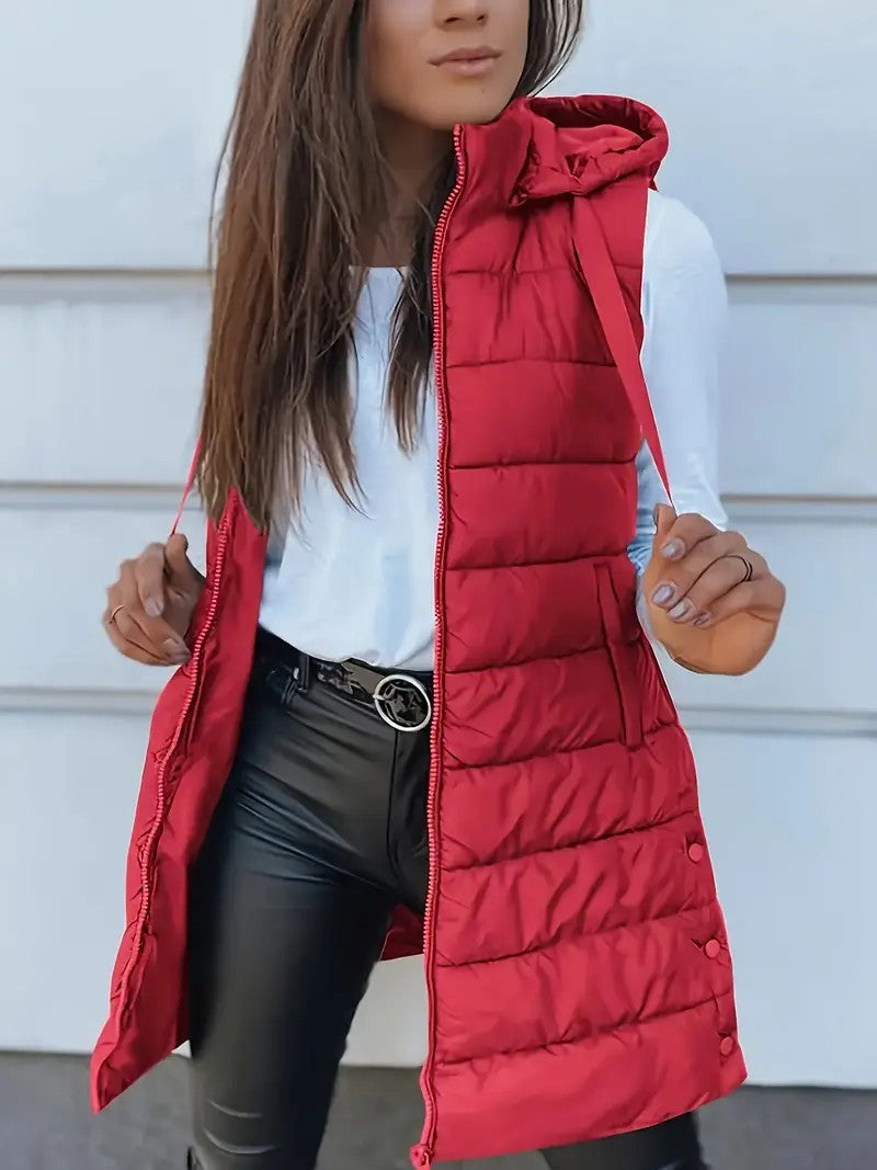 Damen Stylische gesteppte Weste mit Kapuze und langen Schnitt ModeGeist