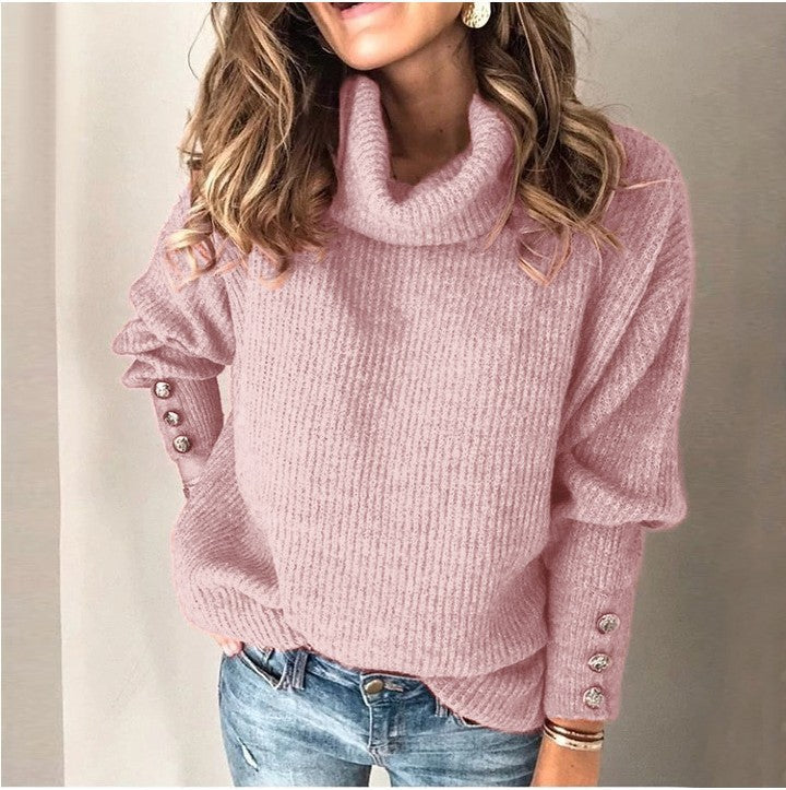 Damen Oversized Rollkragenpullover mit dekorativen Knöpfen ModeGeist