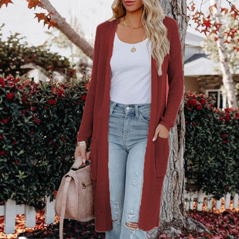 Damen langer Strickcardigan mit offenen Taschen und feinem Rippdesign ModeGeist