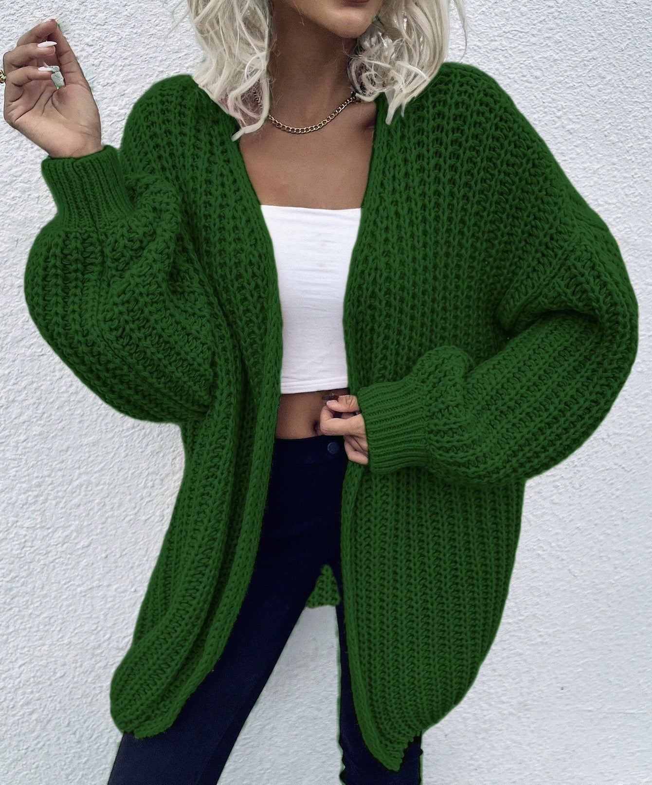 Damen lässiger Grobstrick-Cardigan mit tiefen Taschen und voluminösen Ärmeln ModeGeist