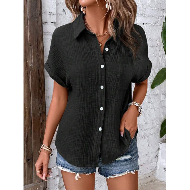 Atmungsaktive Damen-Baumwollmix Bluse mit Kurzarm und strukturierter Oberfläche - lässiger Style