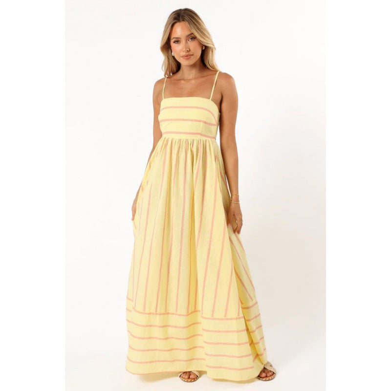 Damen Maxikleid mit feinen Streifen und elastischem Taillenbund ModeGeist