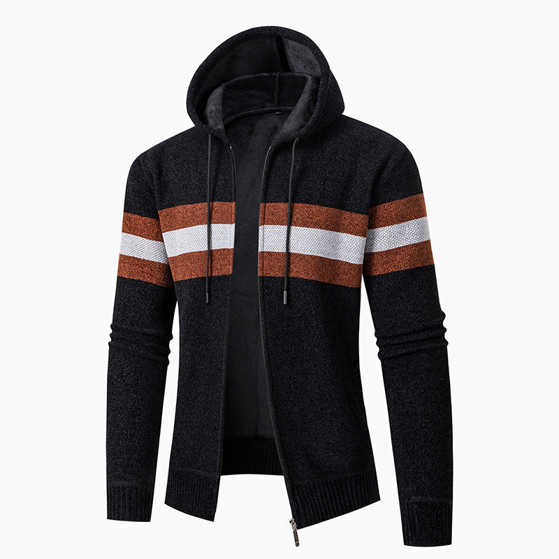 Herren lässiger Strickjacke mit Kapuze und Kontraststreifen ModeGeist