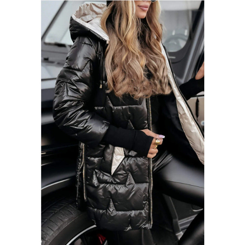 Damen Longline Steppjacke mit abnehmbarem Kapuzenfutter und seitlichen Reißverschlusstaschen ModeGeist