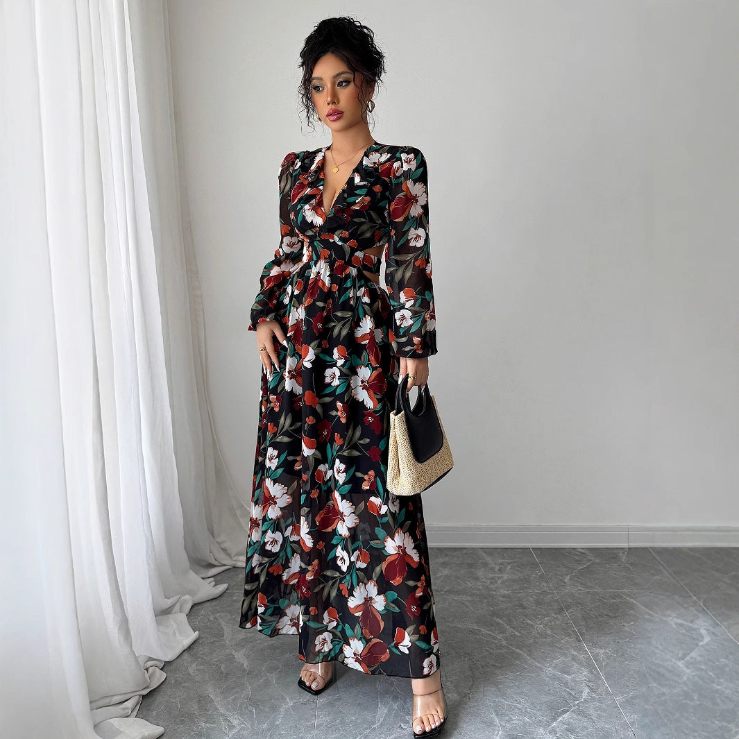 Elegantes Maxikleid für Damen mit Blumenmuster, V-Ausschnitt und Taillengürtel von MODEGEIST