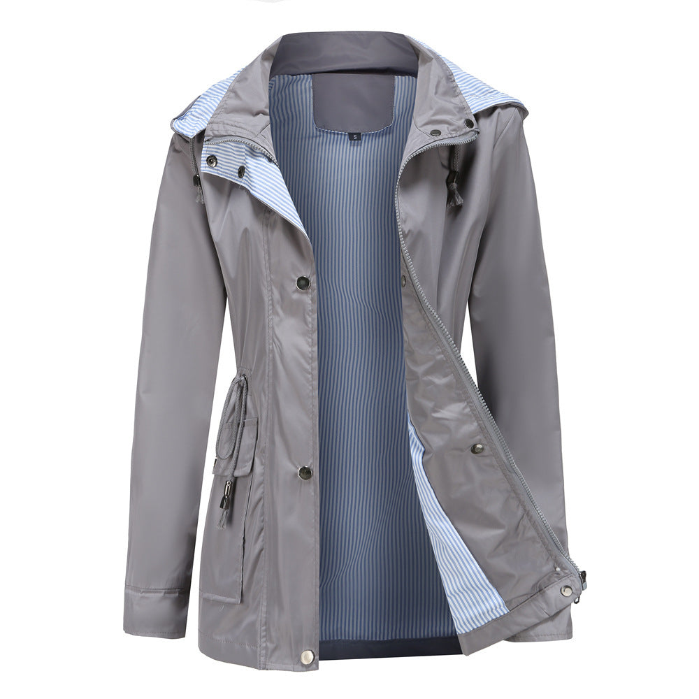 Damen Wetterfeste Regenjacke mit verstellbarem Kapuzenkragen und Taillenzug ModeGeist