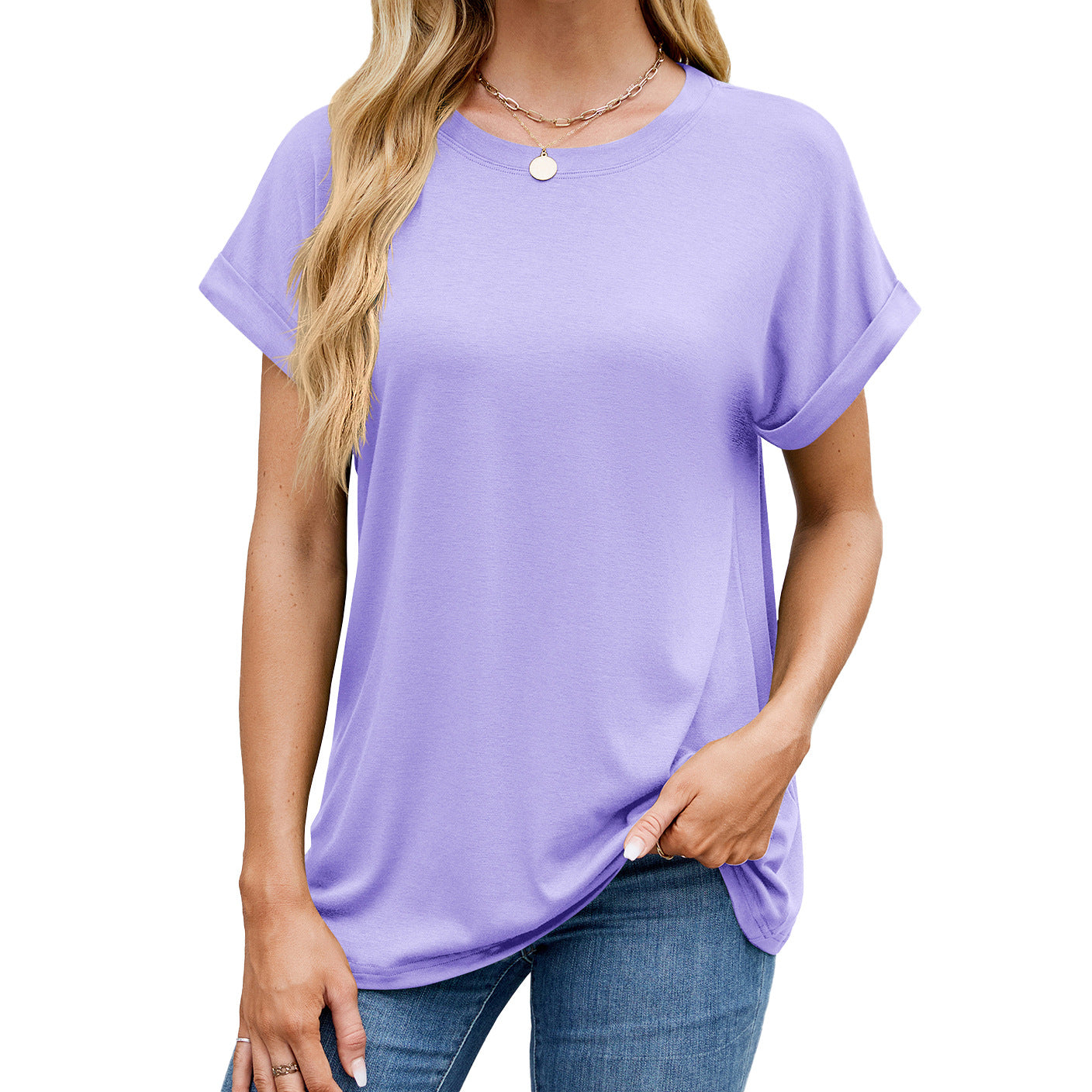 Fudus Basics: Einfarbiges, lockeres Rundhals-T-Shirt