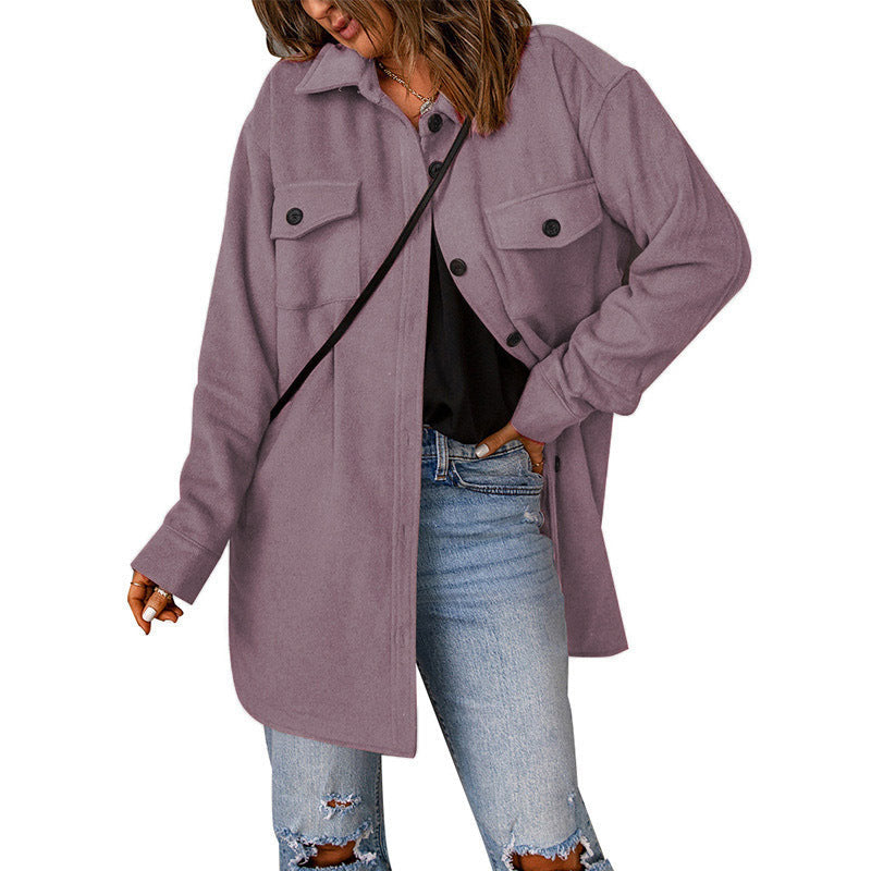 Damen Übergröße Langarm-Hemdjacke mit funktionalen aufgesetzten Taschen und lässigem Schnitt ModeGeist