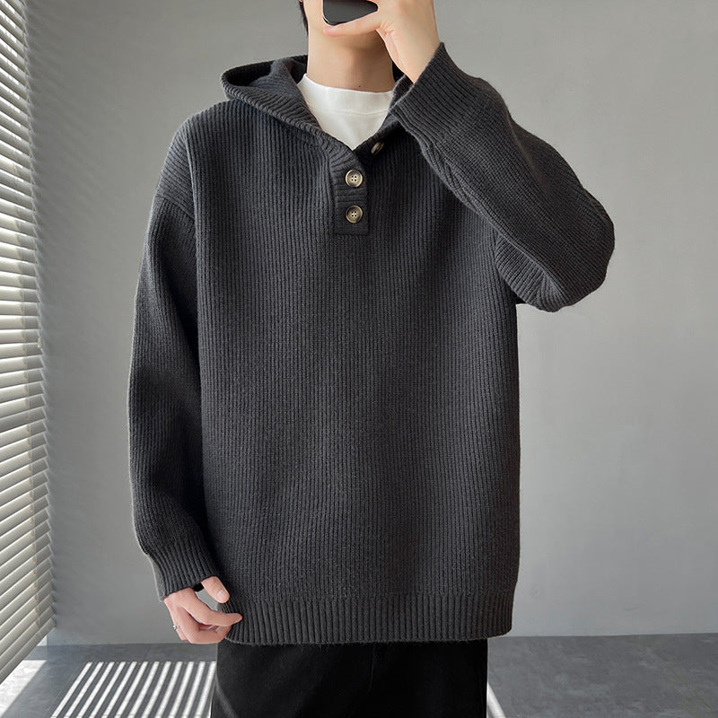 Herren Strickpullover mit Knopfleiste und Kapuze ModeGeist